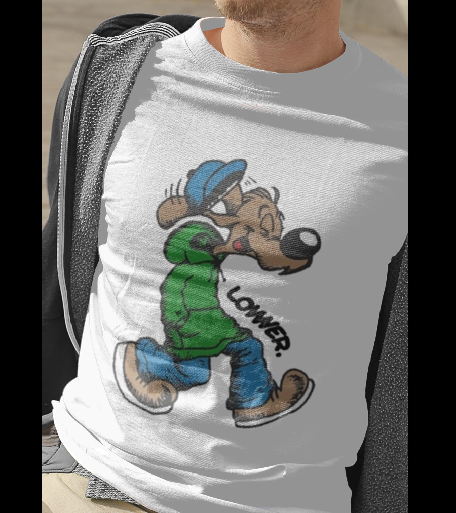 Lower Billie Hood Walkin Cartoon Character In Green And Blue Cap T-Shirt