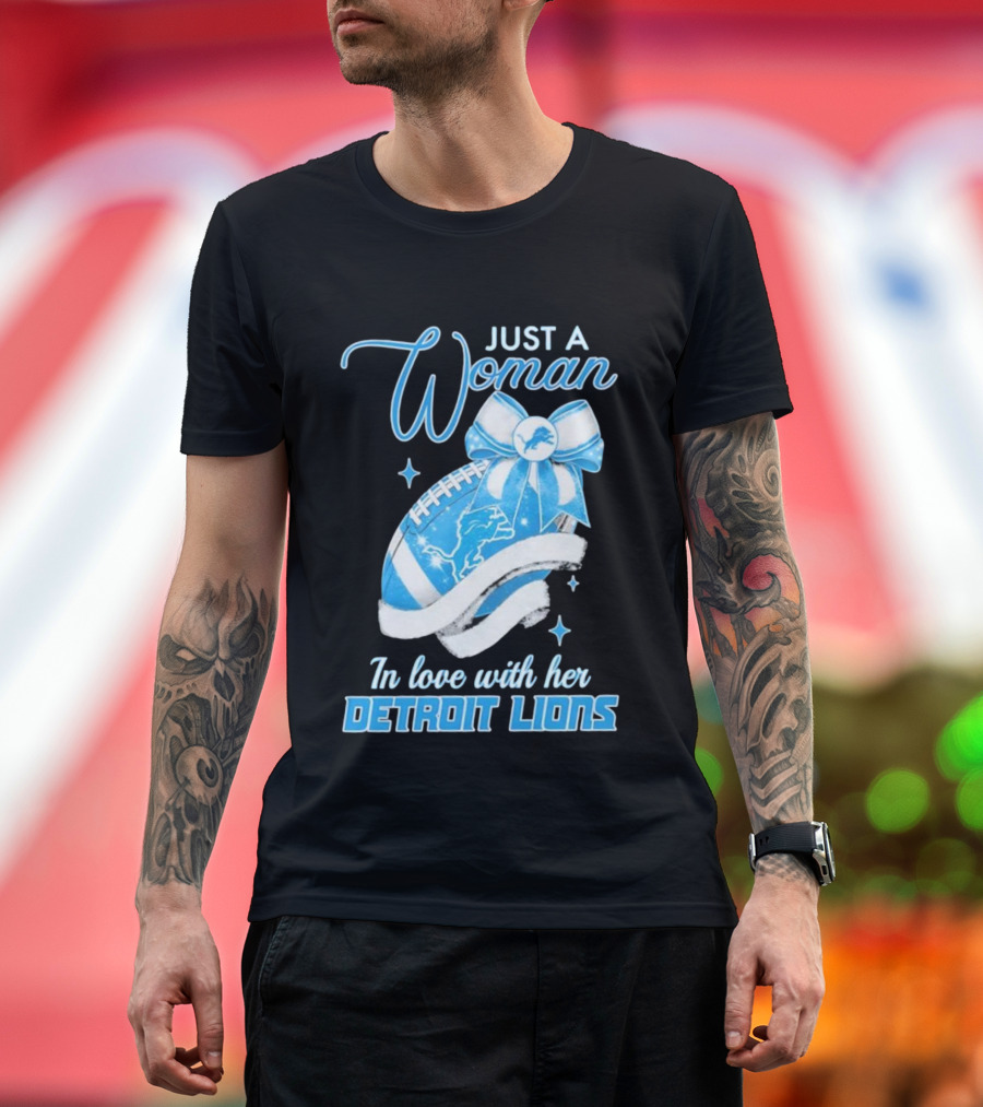 Just A Woman In Love With Her Detroit Lions Glittery Ribbon T-Shirt
