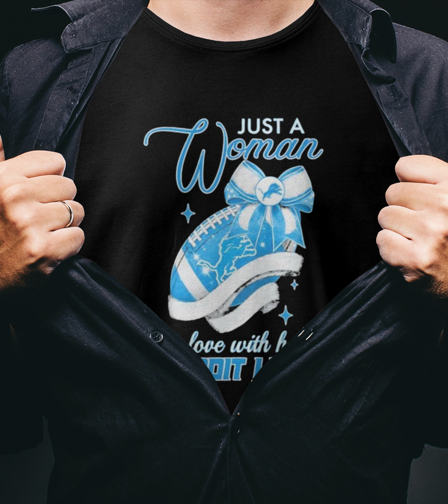Just A Woman In Love With Her Detroit Lions Glittery Ribbon T-Shirt