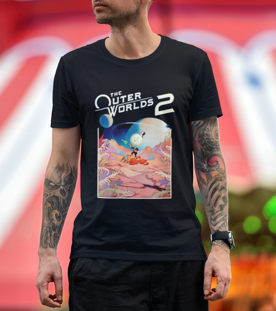 The Outer Worlds 2 Surreal Landscape With Cartoon Character T-Shirt