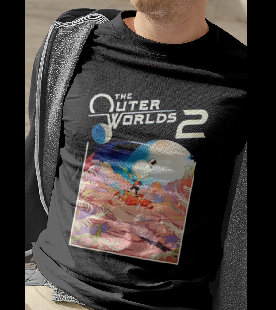 The Outer Worlds 2 Surreal Landscape With Cartoon Character T-Shirt
