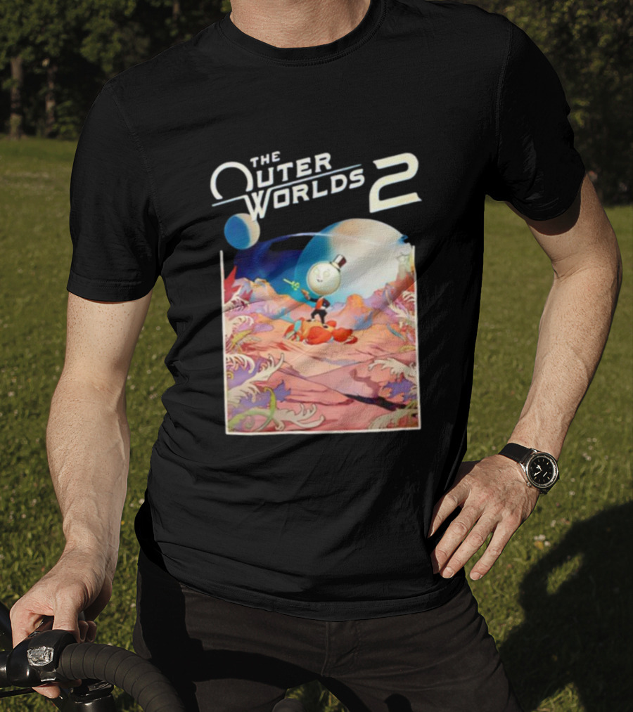 The Outer Worlds 2 Surreal Landscape With Cartoon Character T-Shirt