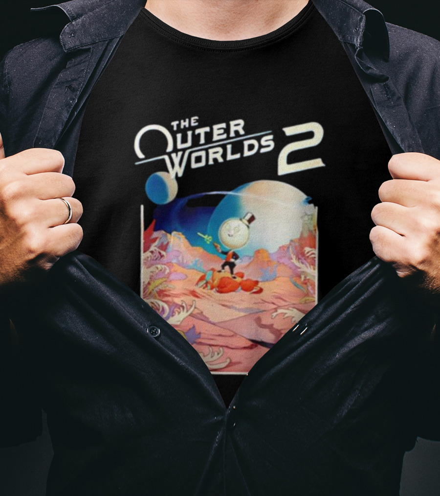 The Outer Worlds 2 Surreal Landscape With Cartoon Character T-Shirt