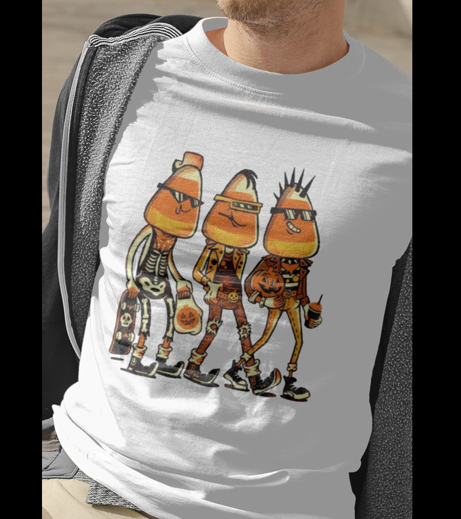 Candy Corn Punk Rock Skeleton Pumpkin Halloween Characters T-Shirt