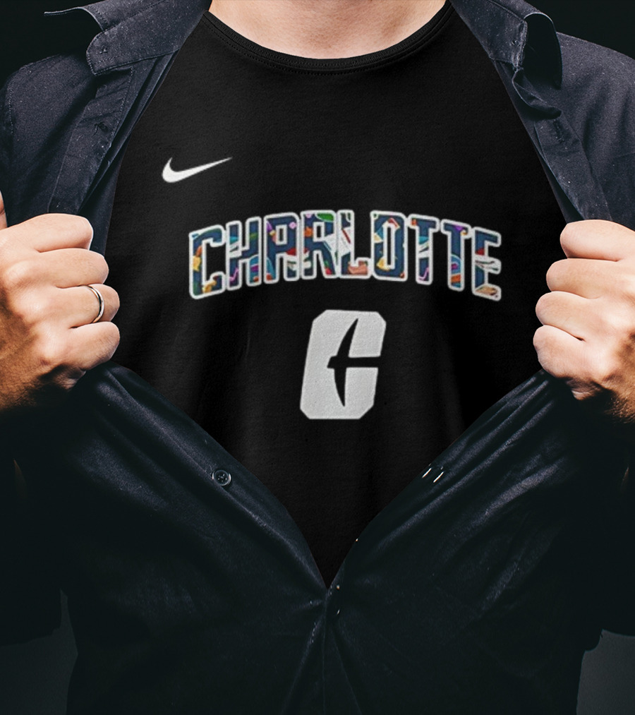 Charlotte C Logo With Nike Swoosh Multicolor Lettering T-Shirt