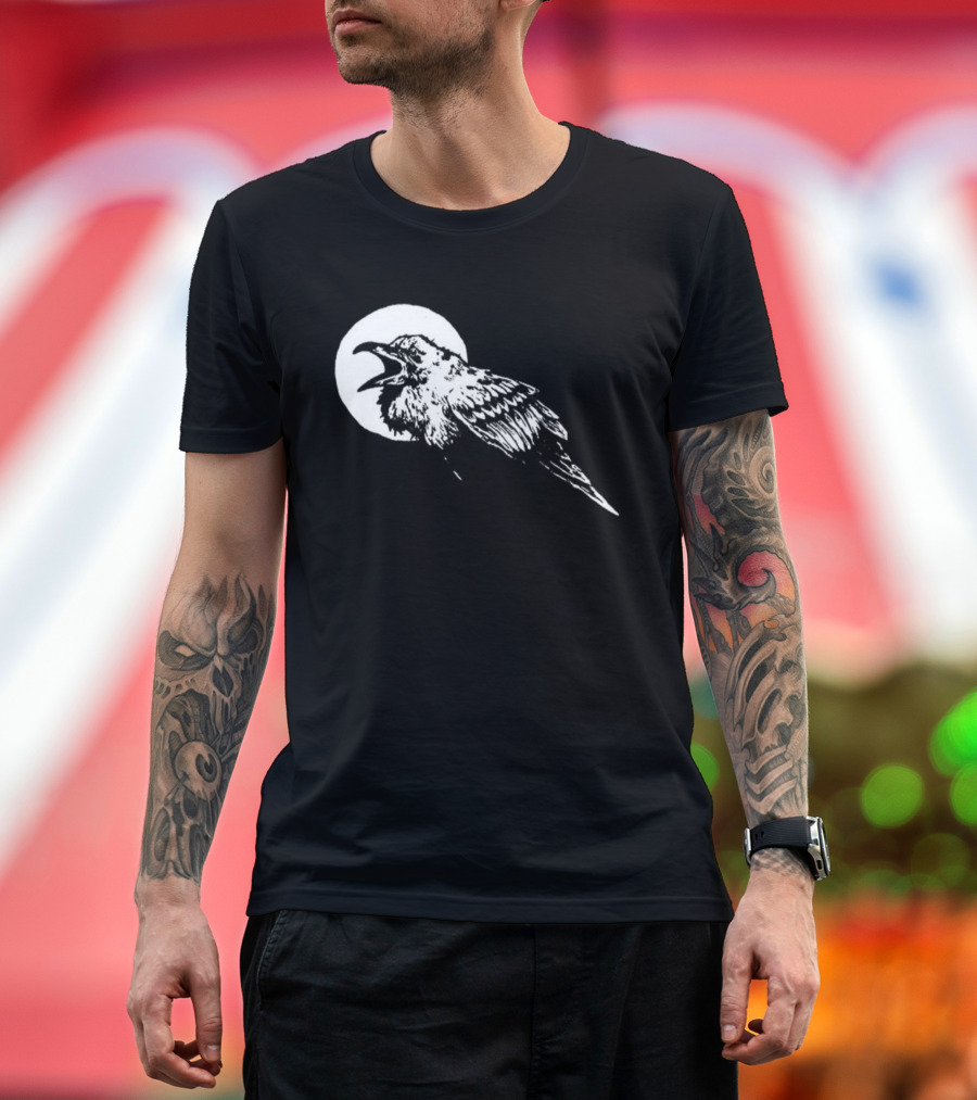 Raven Crow F Caw F Vintage Retro Bird Full Moon Silhouette In Flight T-Shirt