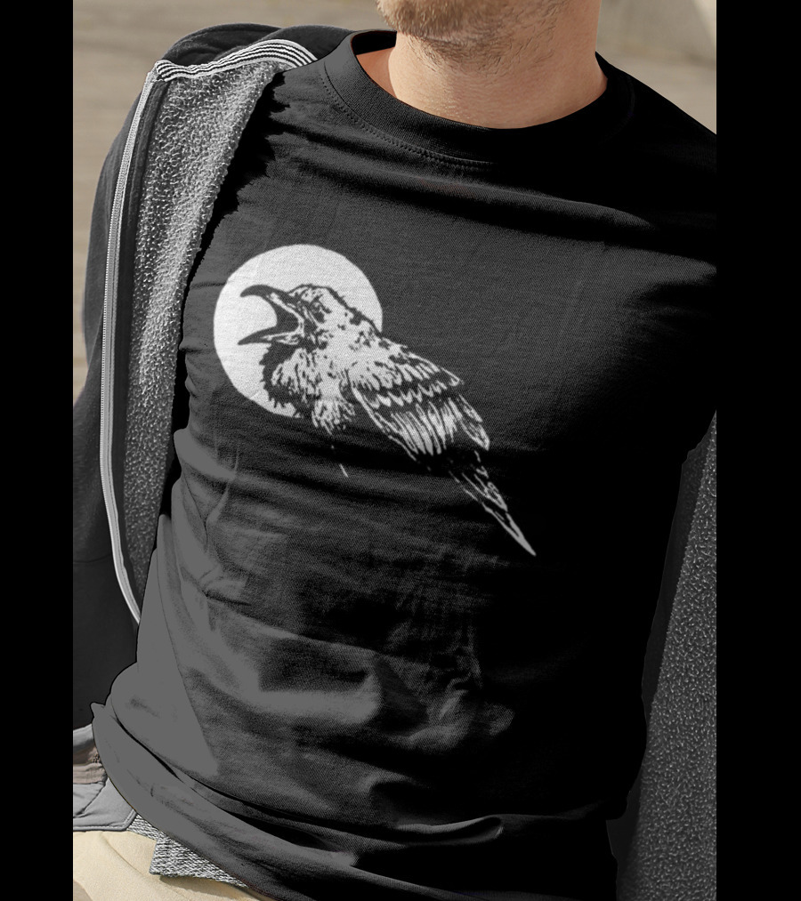 Raven Crow F Caw F Vintage Retro Bird Full Moon Silhouette In Flight T-Shirt