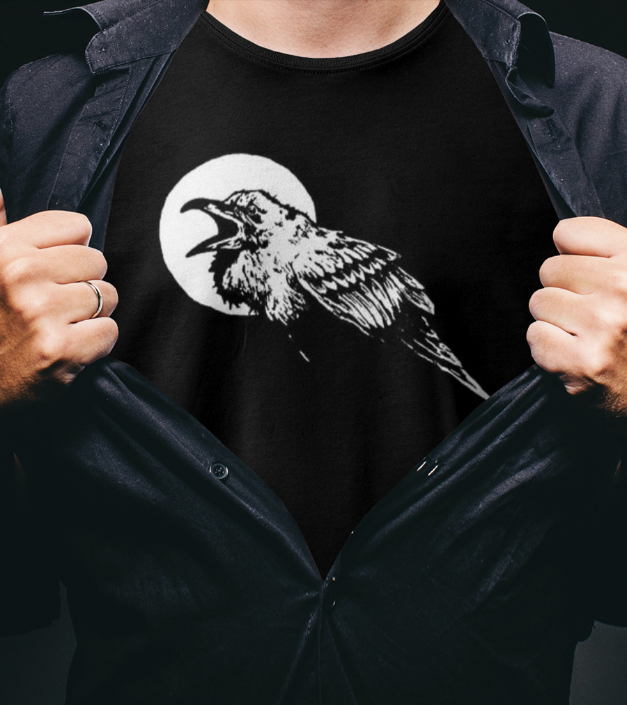 Raven Crow F Caw F Vintage Retro Bird Full Moon Silhouette In Flight T-Shirt