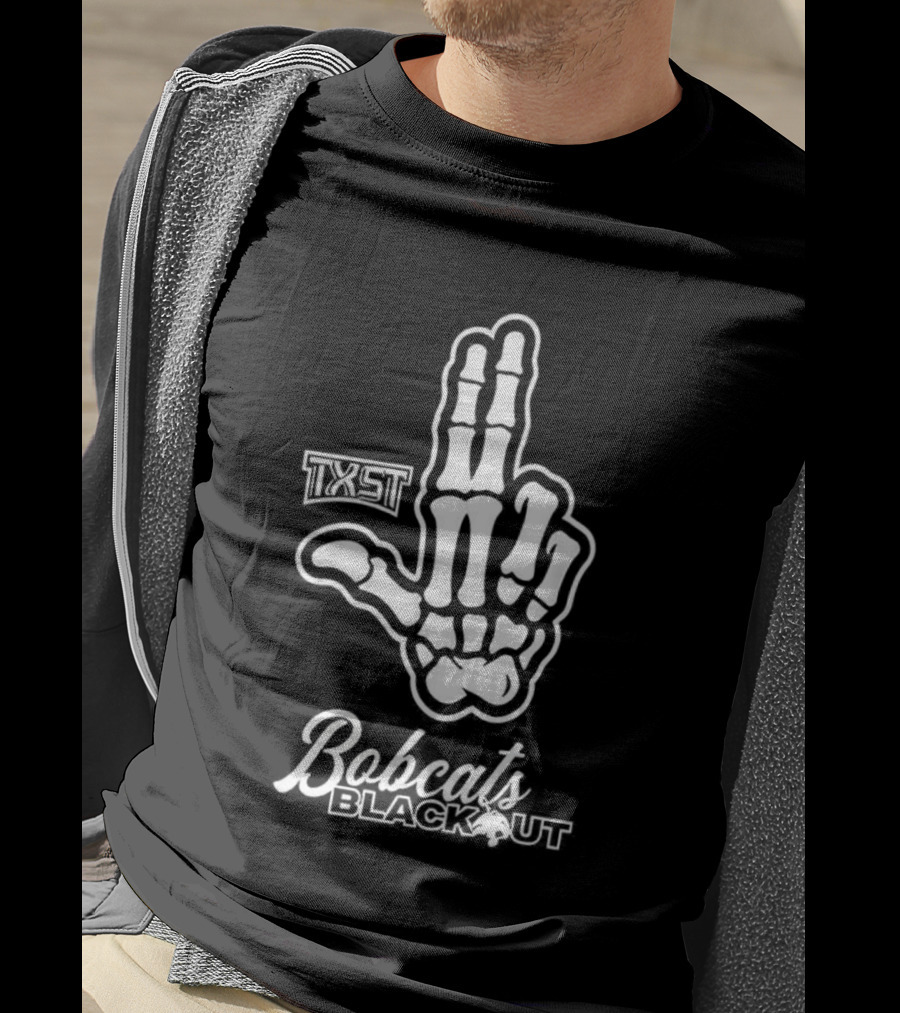 Skeleton Hand TXST Bobcats Blackout Gesture T-Shirt