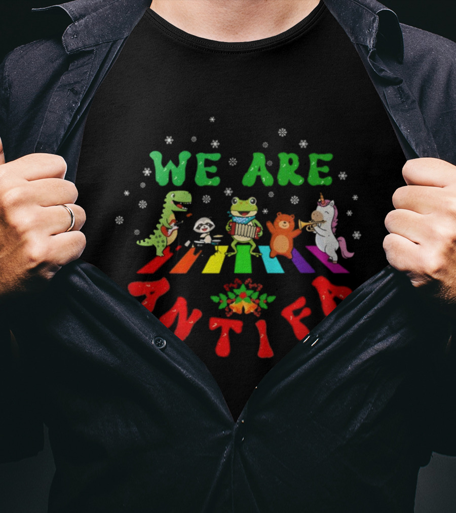 We Are Antifa Dinosaur Frog Unicorn Rainbow Christmas T-Shirt