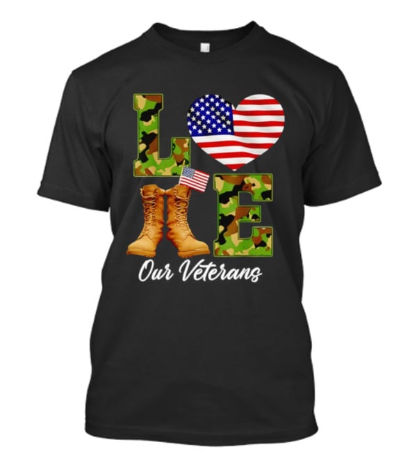 Love Veterans Day American Flag Military Camouflage Boots T-Shirt