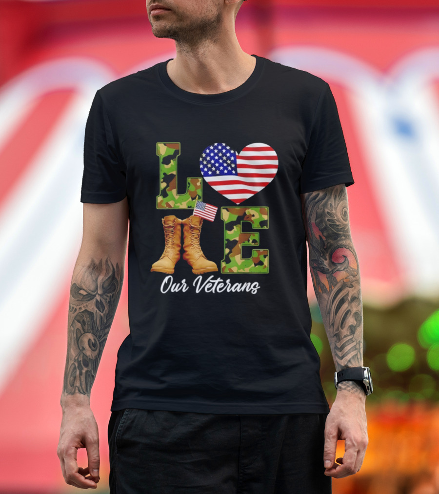 Love Veterans Day American Flag Military Camouflage Boots T-Shirt