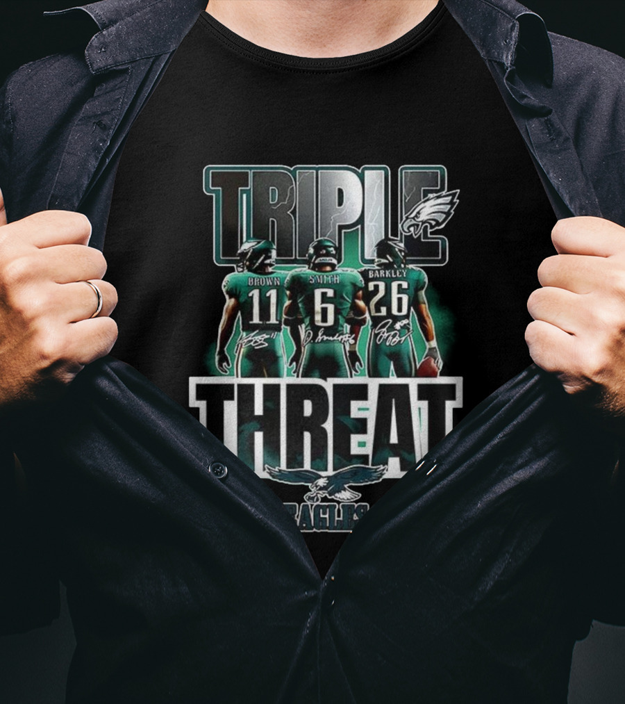 Philadelphia Eagles 2025 Triple Threat Fly Eagles Fly Brown Smith Barkley T-Shirt