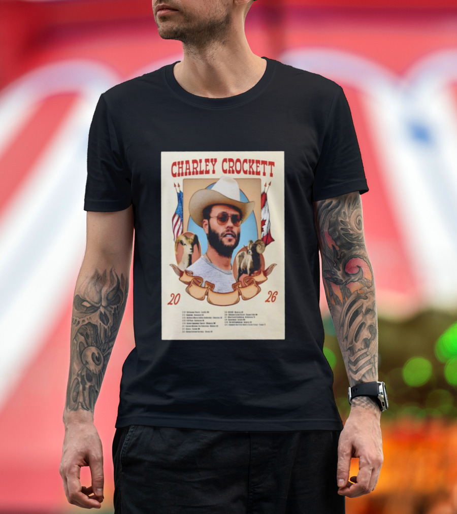 Charley Crockett Tour 2026 American Canadian Flags Vintage Style T-Shirt