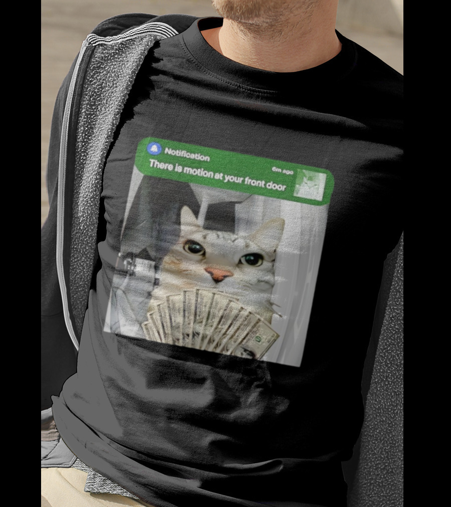Notification Funny Cat Meme Motion At Your Front Door Money T-Shirt