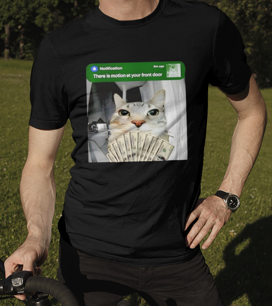 Notification Funny Cat Meme Motion At Your Front Door Money T-Shirt
