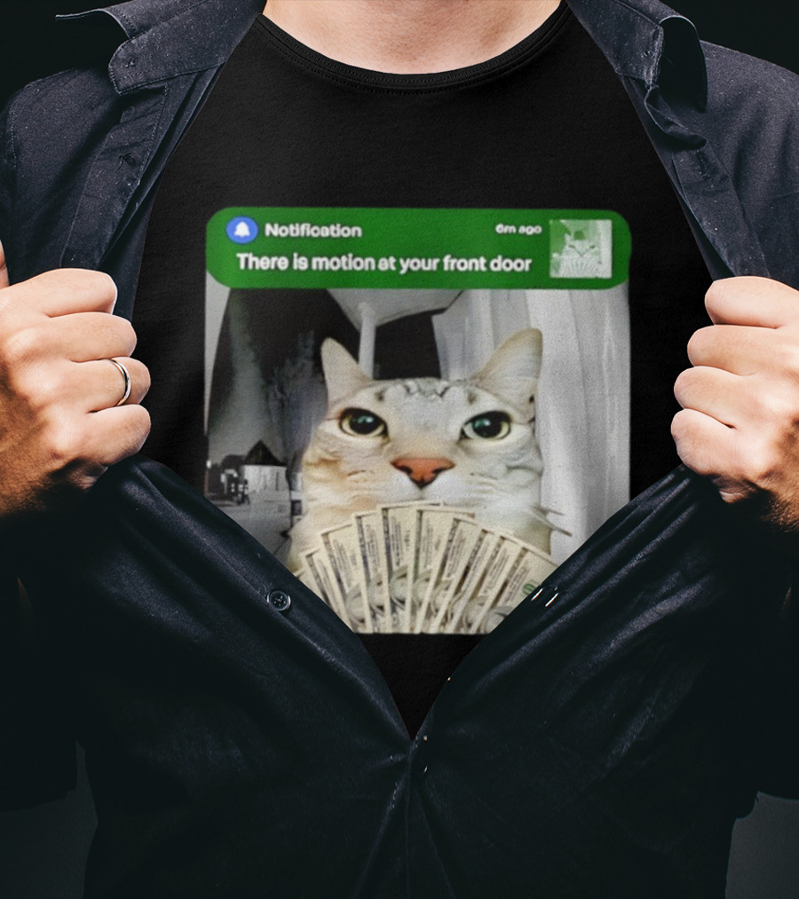 Notification Funny Cat Meme Motion At Your Front Door Money T-Shirt