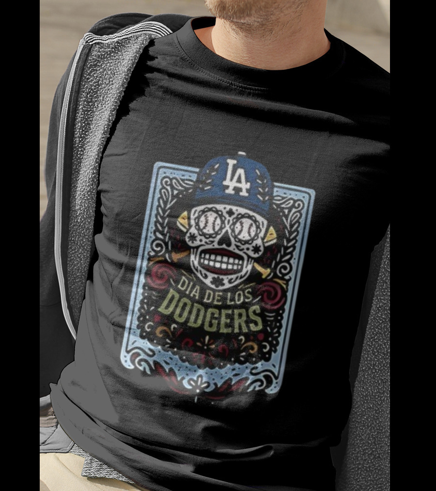 Dia De Los Dodgers LA Skull Baseball Icon T-Shirt