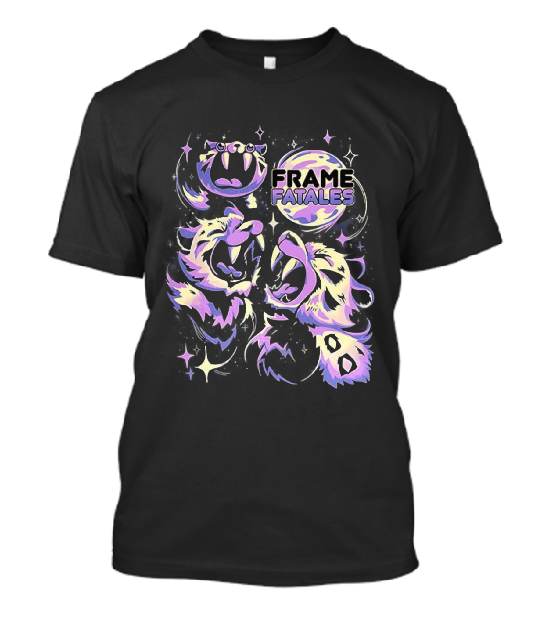 Three Faith Moon Frame Fatales Neon Pastel Feline Faces T-Shirt