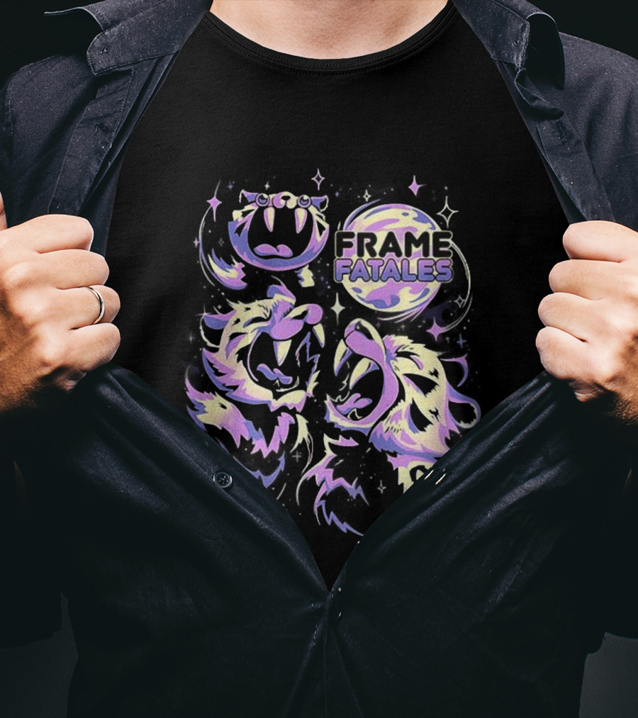 Three Faith Moon Frame Fatales Neon Pastel Feline Faces T-Shirt