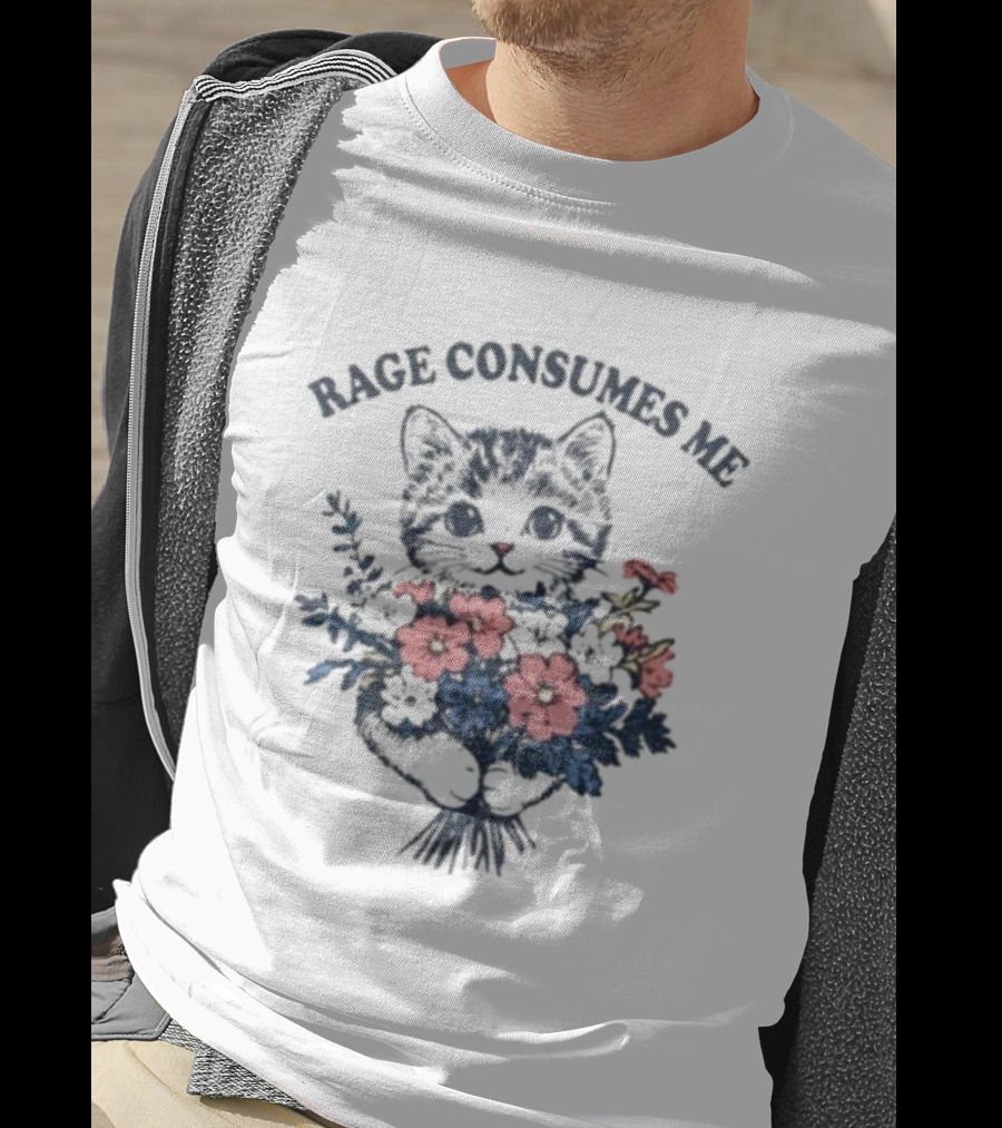Rage Consumes Me Cat Holding Flower Vintage T-Shirt