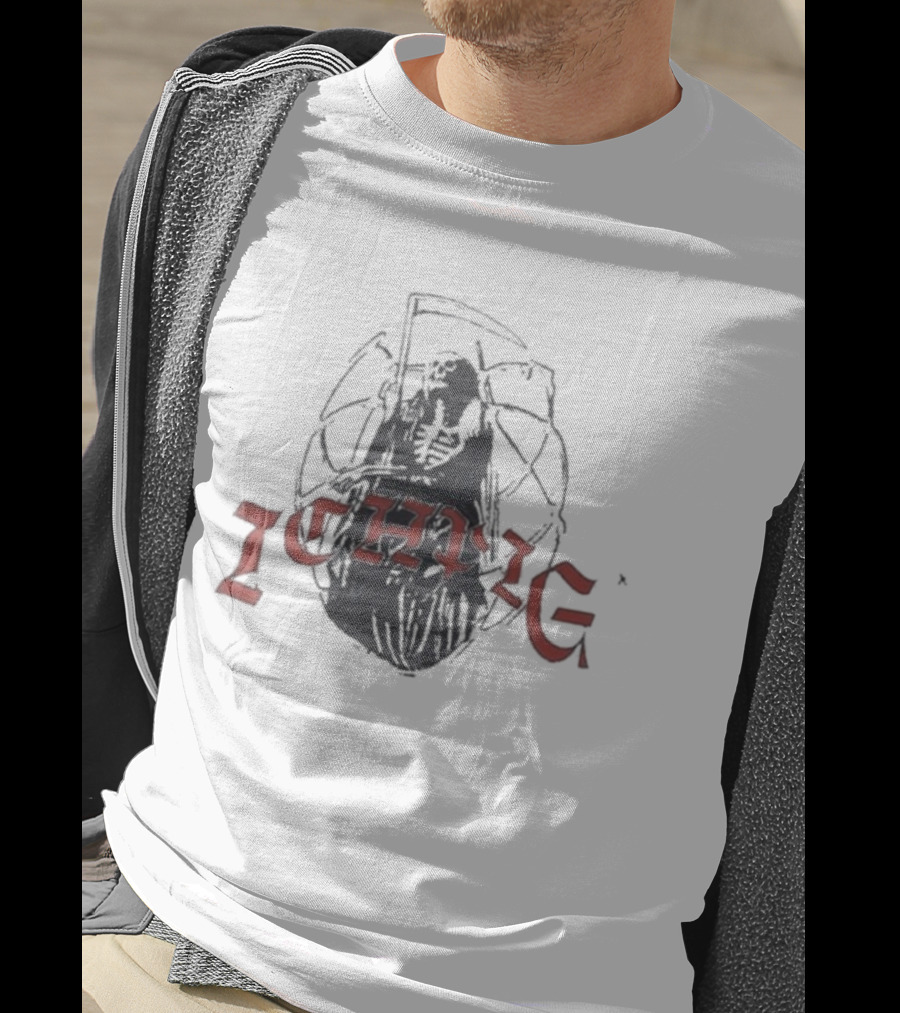 Ichpig Grim Reaper Ichpig Red Arch Text Over Black Cloaked Skeleton T-Shirt