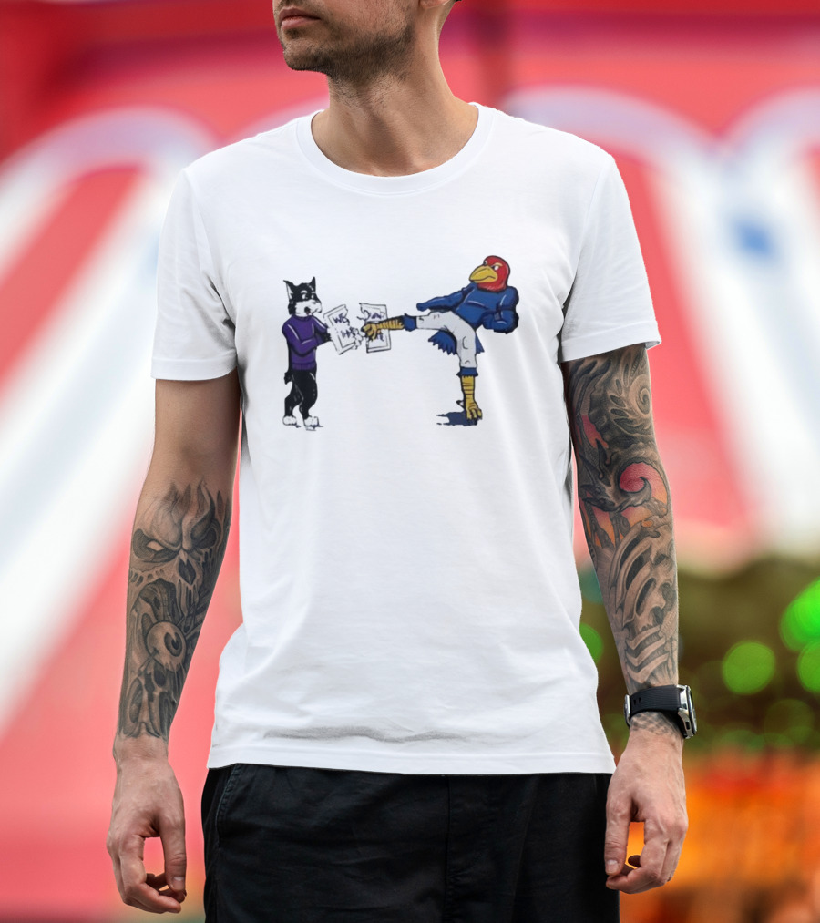 Kansas Jayhawk Mascot Kicking Wildcat We Own State T-Shirt