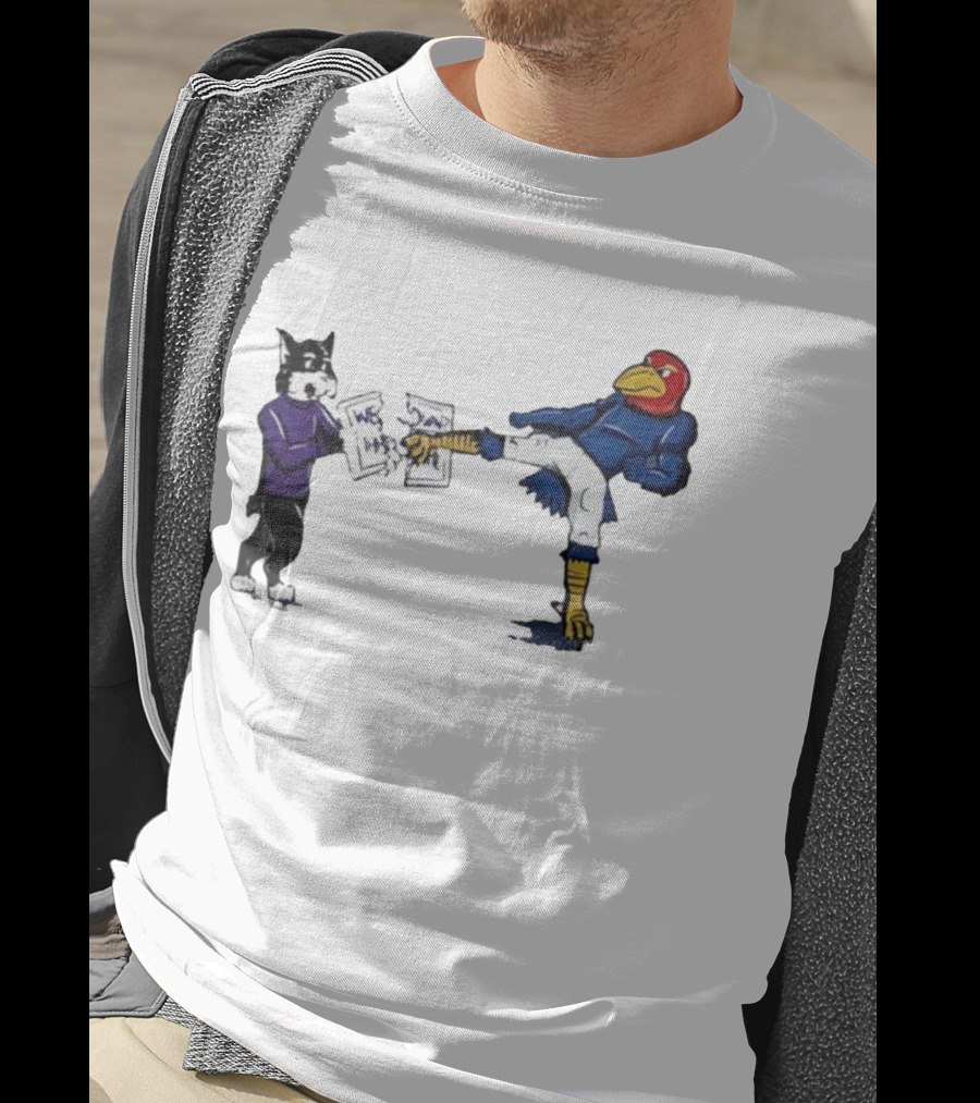 Kansas Jayhawk Mascot Kicking Wildcat We Own State T-Shirt