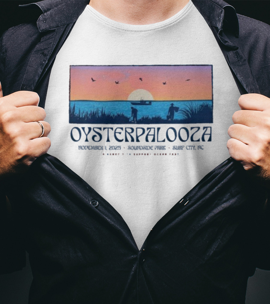 Oysterpalooza Benefit Support Ocean Fest November 1 2025 Soundside Park Surf City NC Sunset Beach Scene T-Shirt