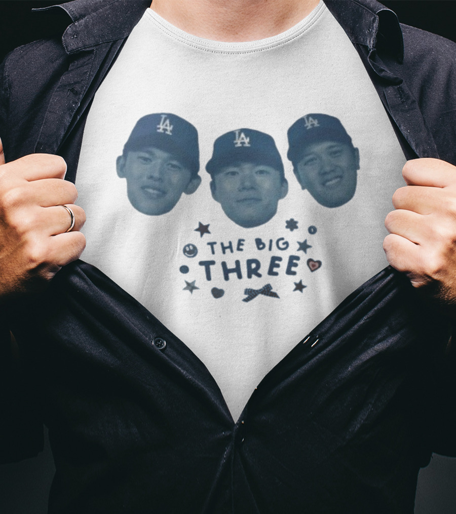Rōki Sasaki Yoshinobu Yamamoto Shohei Ohtani The Big Three Los Angeles Dodgers 2025 Championship T-Shirt