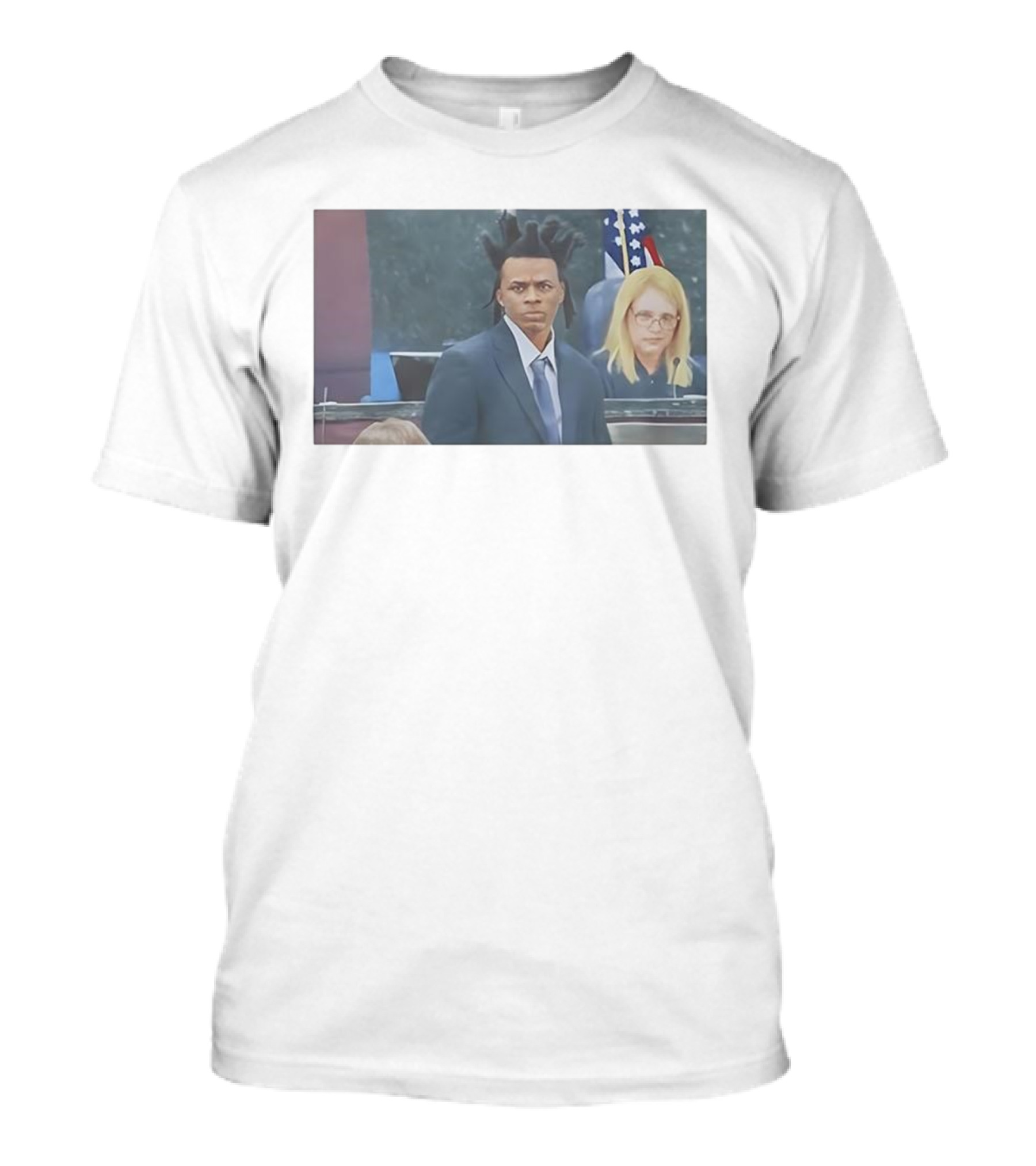 Ronnie Oneal Courtroom Scene With Unique Hairstyle And American Flags T-Shirt