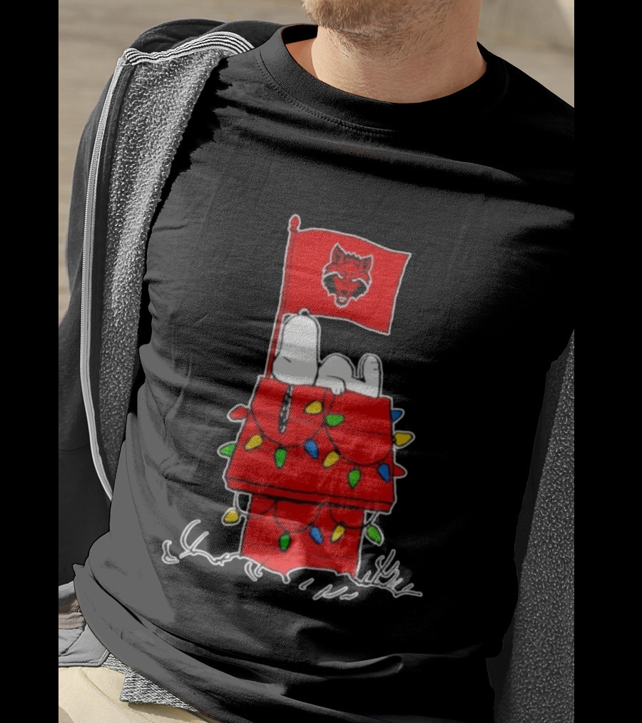 Arkansas State Red Wolves Snoopy Holiday Lights House Peanuts T-Shirt