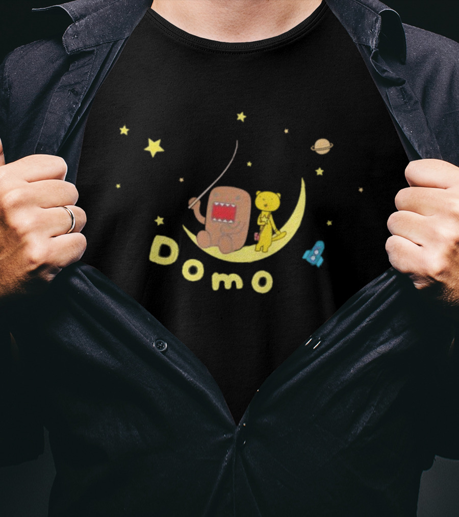 Domo Moon Fishing With Cartoon Characters Under Stars T-Shirt