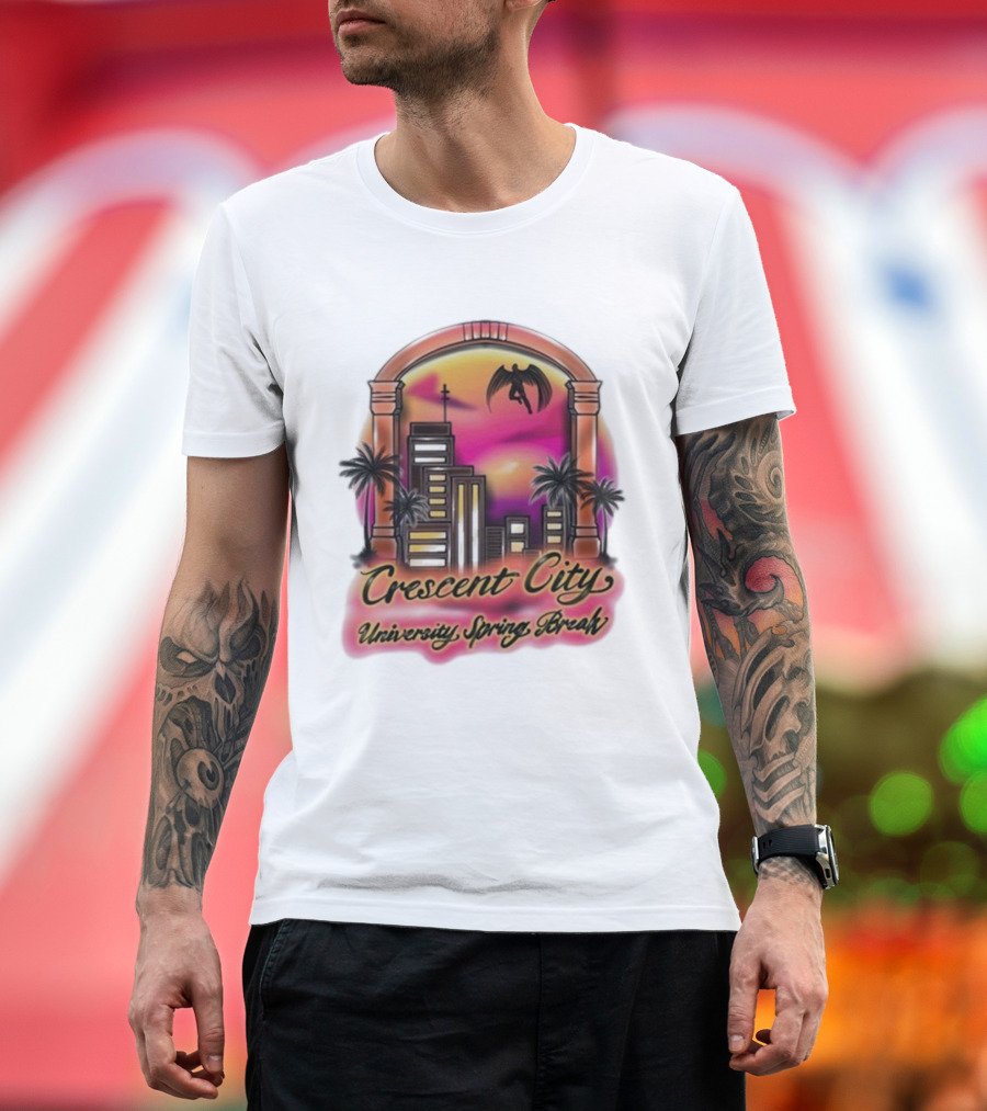 Crescent City University Spring Break Airbrush Tropical Sunset Skyscraper Archway Angel Wings T-Shirt