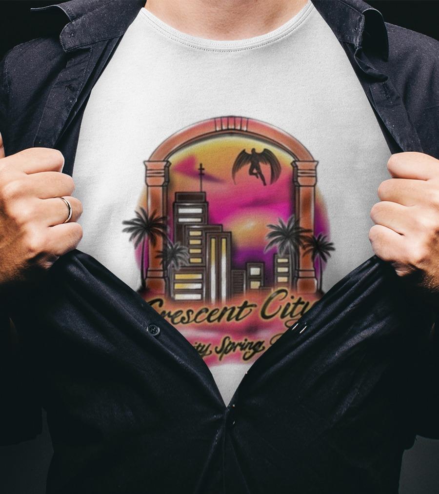 Crescent City University Spring Break Airbrush Tropical Sunset Skyscraper Archway Angel Wings T-Shirt