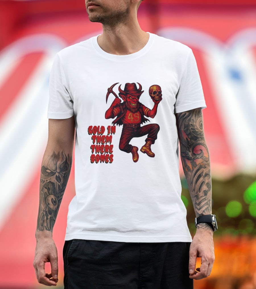 San Francisco 49er Devil Holding Skull Gold In Them There Bones T-Shirt