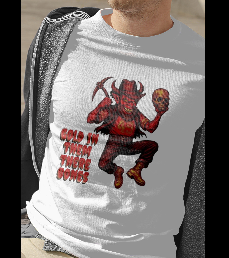 San Francisco 49er Devil Holding Skull Gold In Them There Bones T-Shirt