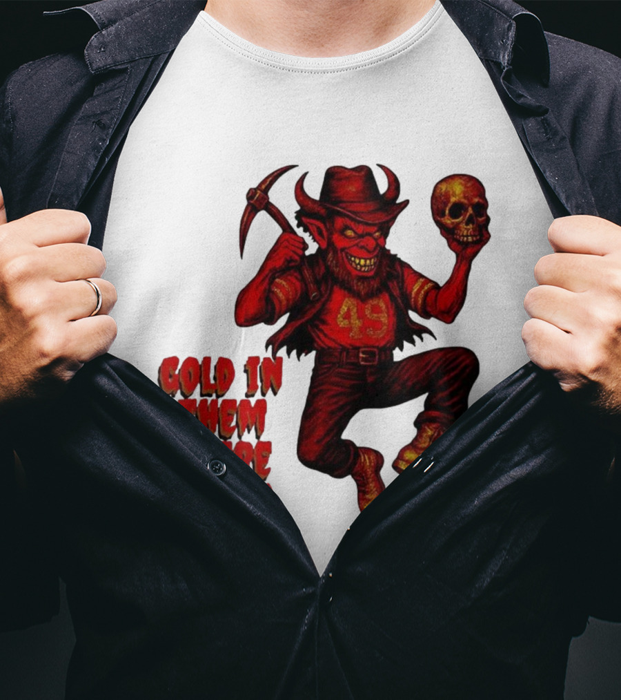 San Francisco 49er Devil Holding Skull Gold In Them There Bones T-Shirt