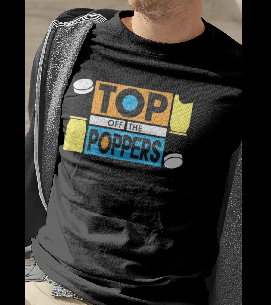 TOP OFF THE POPPERS Yellow And Blue Theme With White Pieces T-Shirt