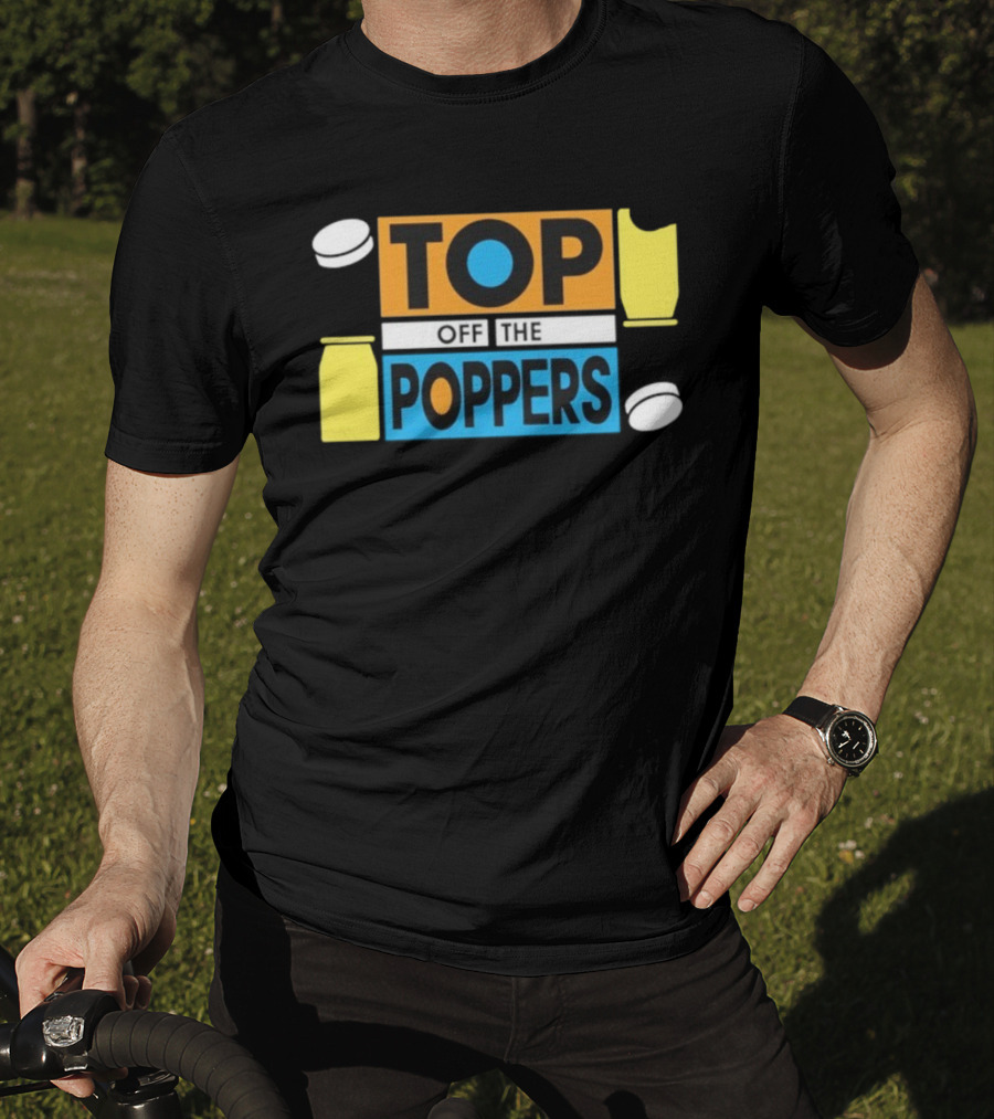 TOP OFF THE POPPERS Yellow And Blue Theme With White Pieces T-Shirt