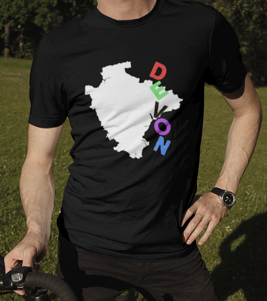 We Are Devon Island Map Outline With Colorful Vertical Text T-Shirt
