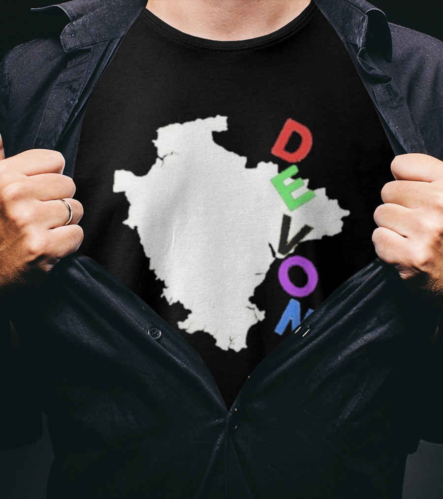 We Are Devon Island Map Outline With Colorful Vertical Text T-Shirt