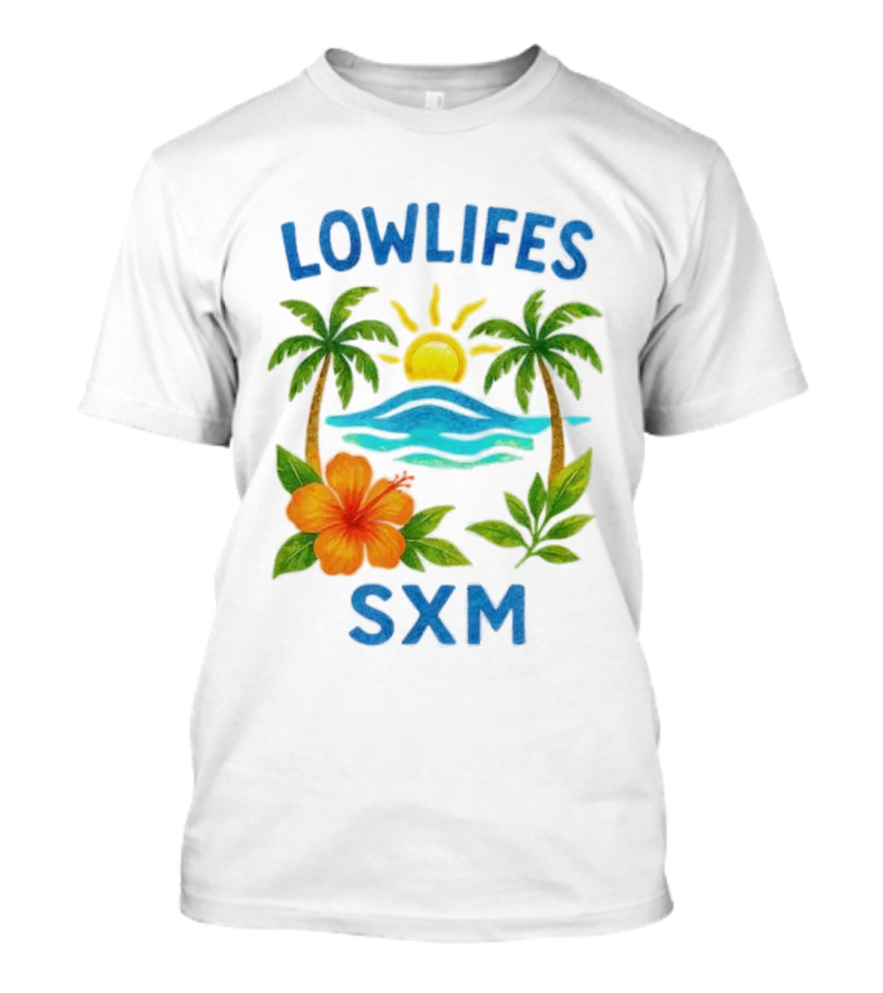 Lowlifes SXM Tropical Sunset 2025 Palms Hibiscus Ocean Sun T-Shirt