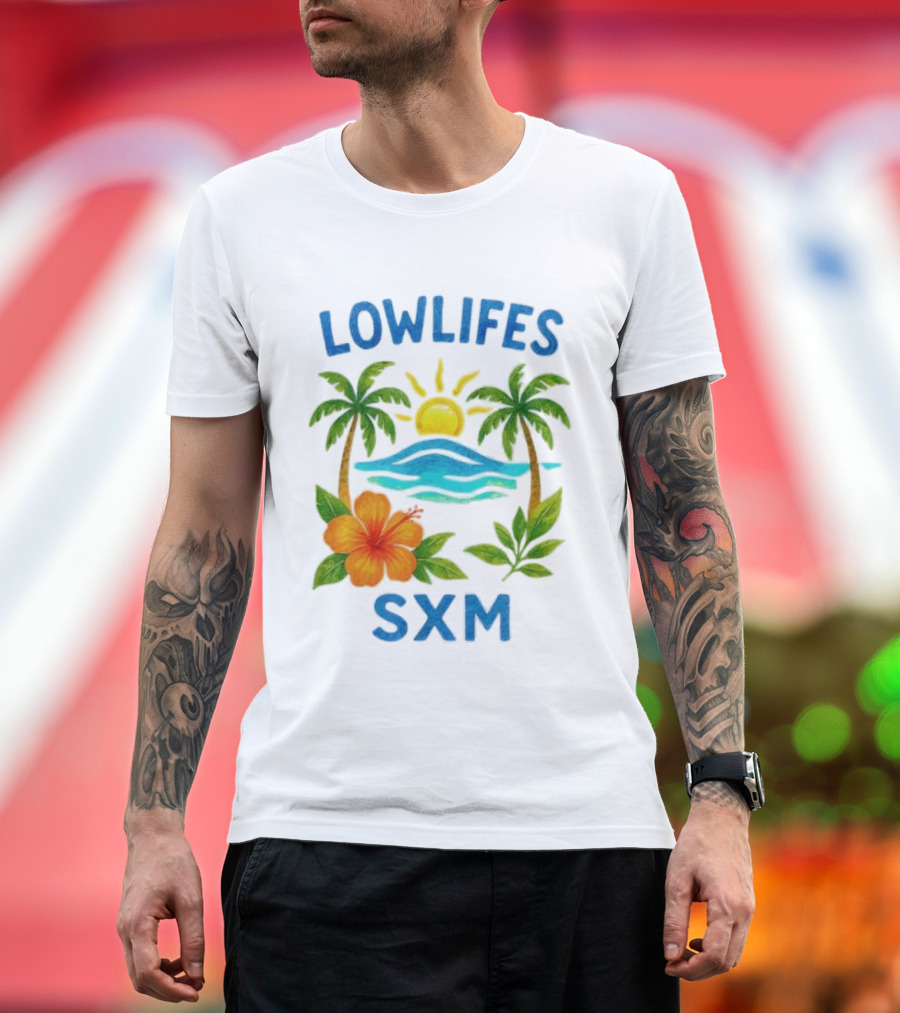 Lowlifes SXM Tropical Sunset 2025 Palms Hibiscus Ocean Sun T-Shirt