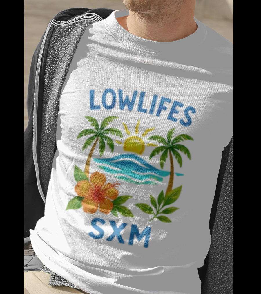 Lowlifes SXM Tropical Sunset 2025 Palms Hibiscus Ocean Sun T-Shirt