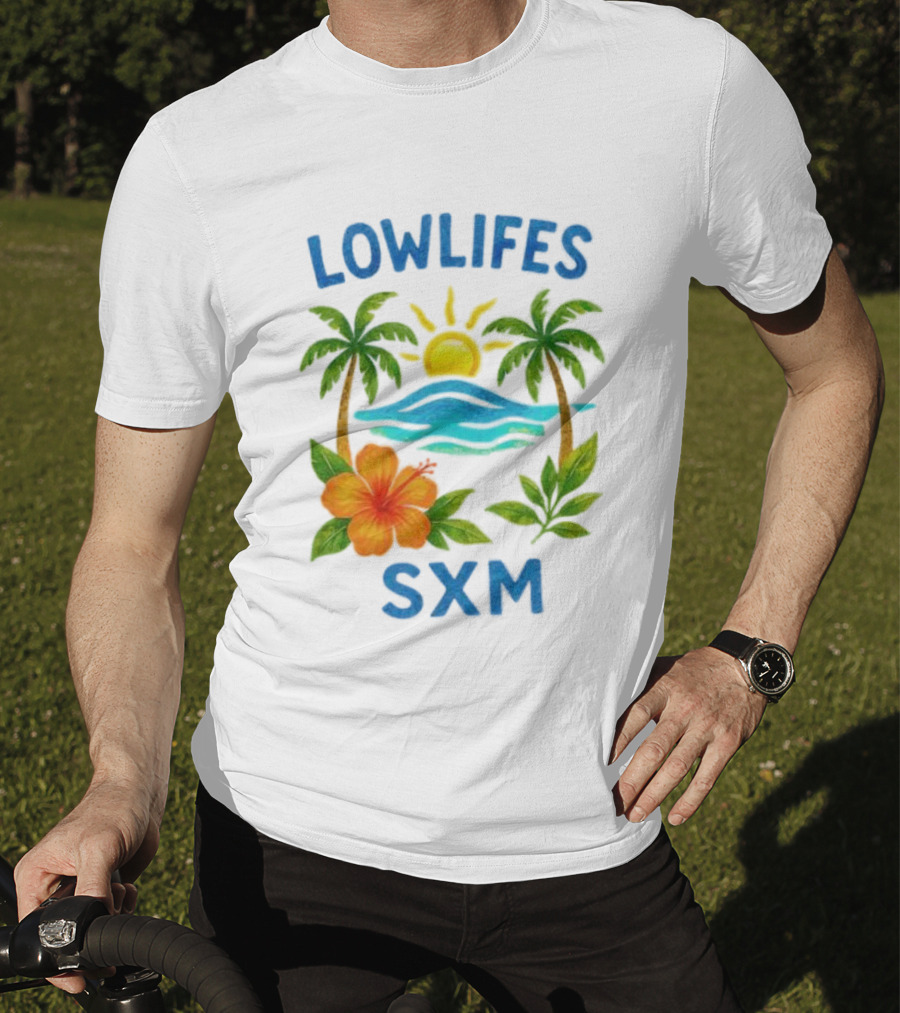 Lowlifes SXM Tropical Sunset 2025 Palms Hibiscus Ocean Sun T-Shirt