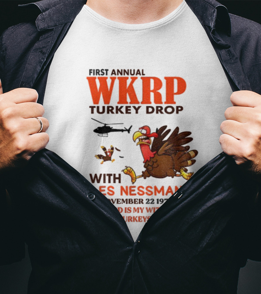Vintage WKRP Turkey Drop First Annual With Les Nessman As God Is My Witness November T-Shirt