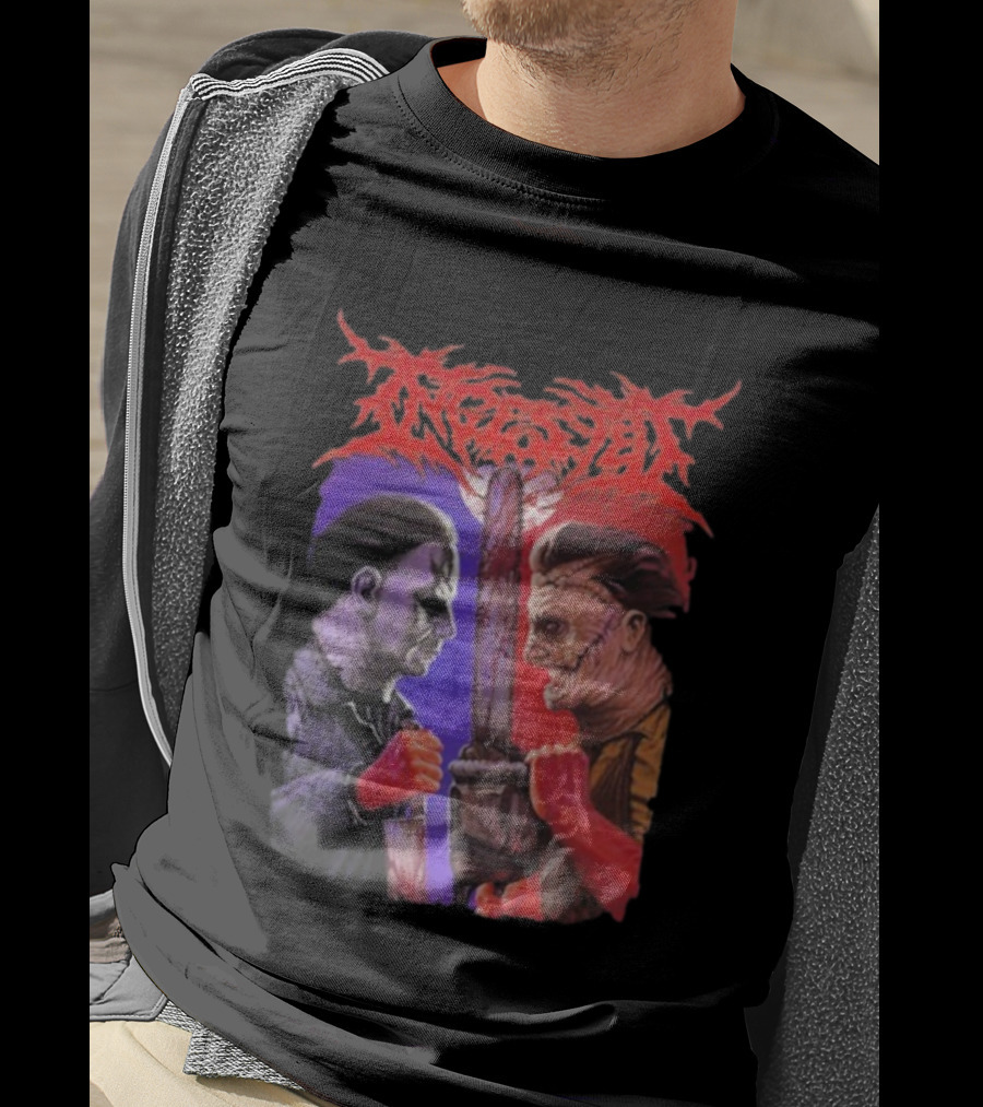 Michael Myers Freddy Krueger Ingested Chainsaw Showdown Graphic T-Shirt