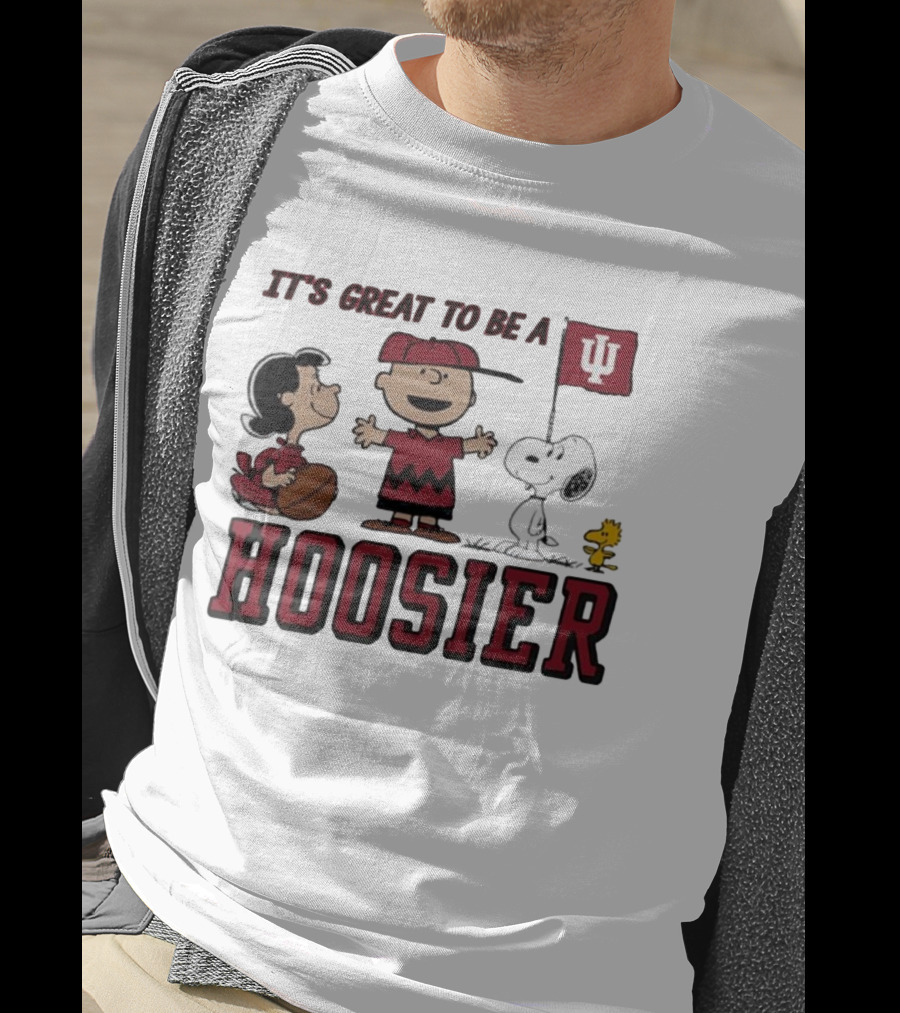 Peanuts Characters Indiana Hoosiers It's Great To Be A Hoosier Snoopy Woodstock Lucy Charlie Brown IU Flag T-Shirt