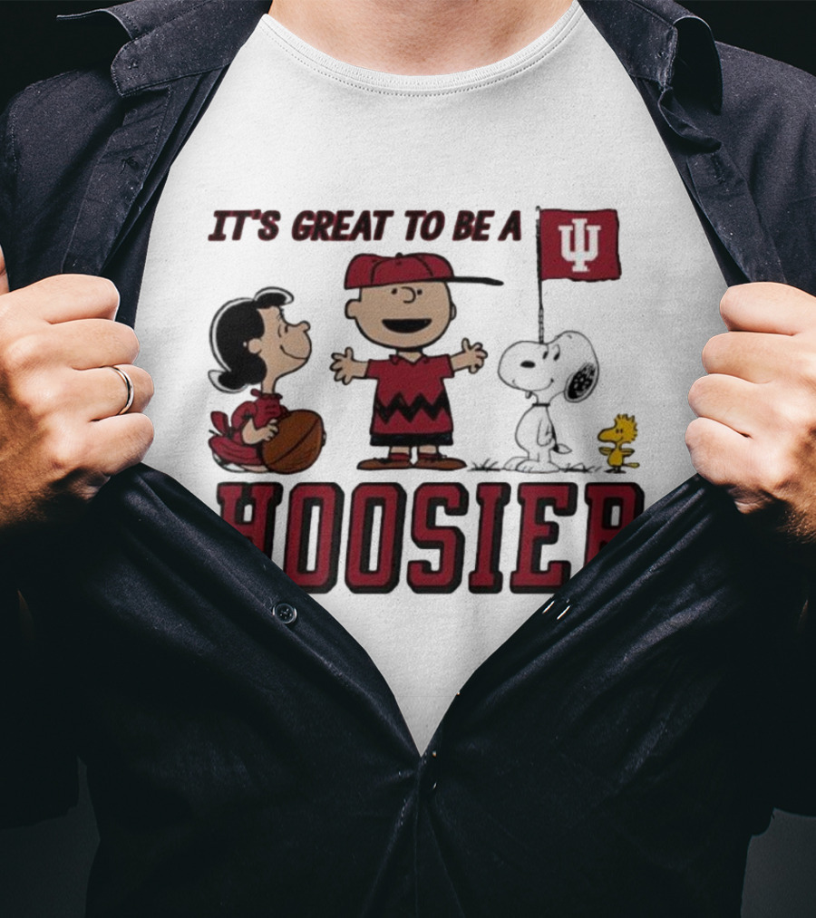 Peanuts Characters Indiana Hoosiers It's Great To Be A Hoosier Snoopy Woodstock Lucy Charlie Brown IU Flag T-Shirt